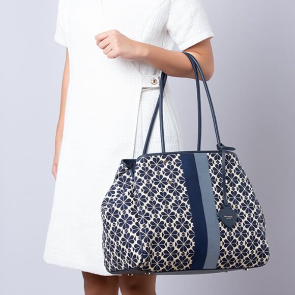 Kate Spade Everything Tote Large Flower Jacquard Stripe Blue Wristlet Adjustable - Picture 9 of 16